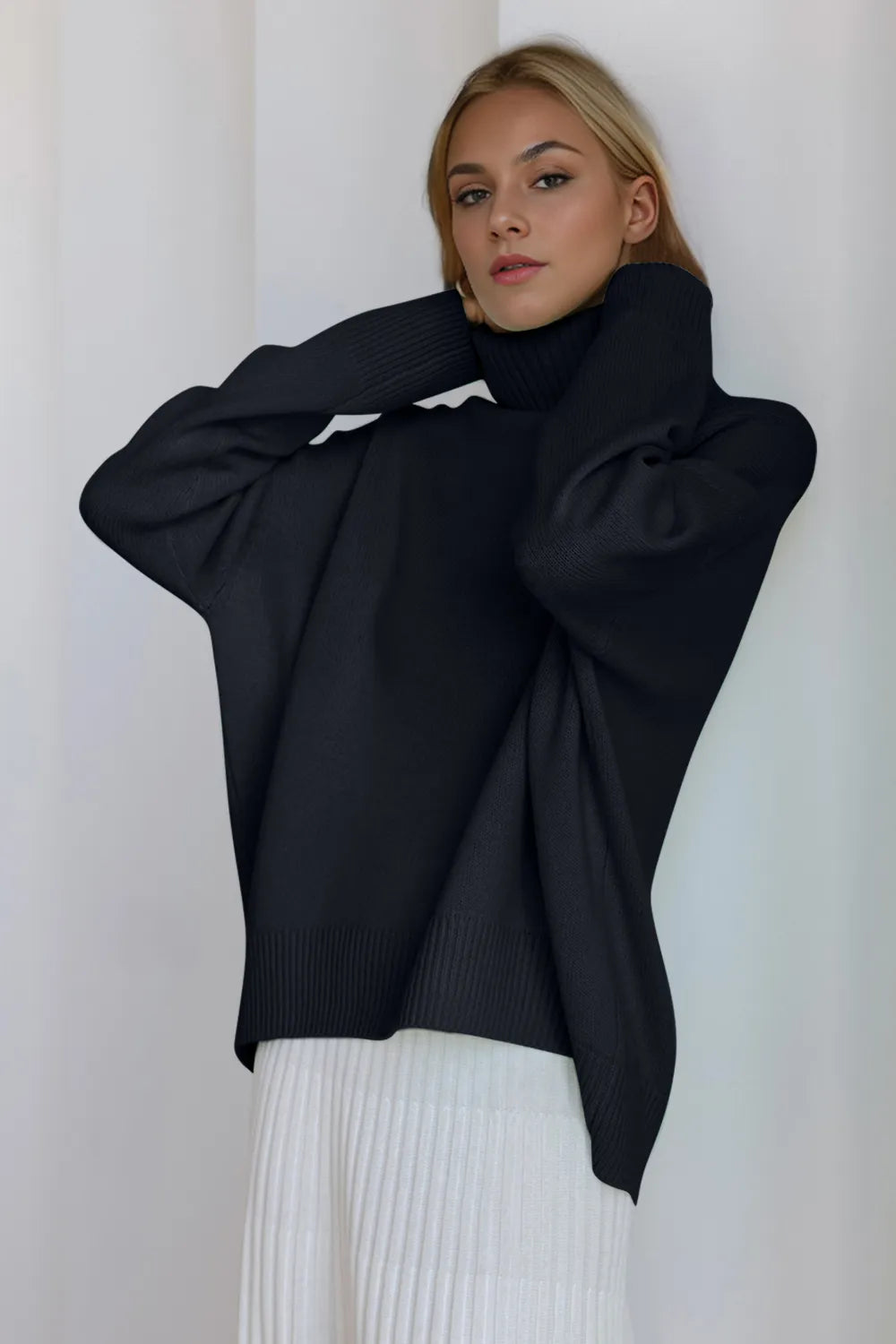 She Wears Glory™ Turtleneck Dropped Shoulder Long Sleeve Sweater - She Wears Glory Beverly Hills