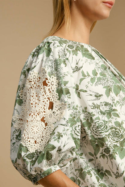 She Wears Glory™ – The Garden of Grace Blouse (Floral Pleated Lace Sleeve Top) - She Wears Glory Beverly Hills
