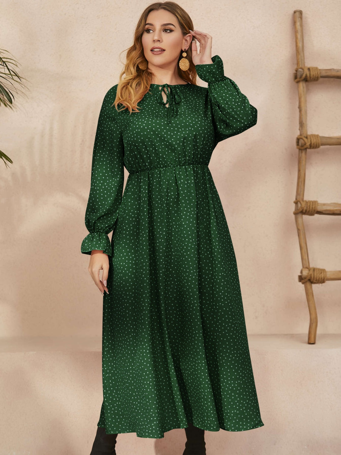 She Wears Glory™ “Heaven’s Embrace” Plus Size Ruffled Polka Dot Midi Dress - She Wears Glory Beverly Hills
