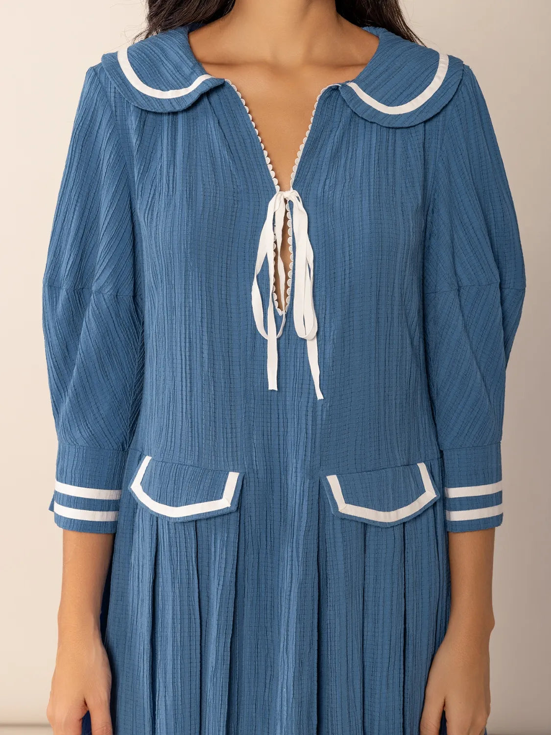 She Wears Glory™ Tie-Front Pleated Three-Quarter Sleeve Dress - She Wears Glory Beverly Hills