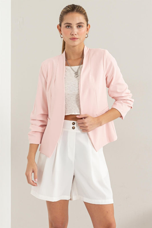 She Wears Glory “Grace in Motion” Ruched Sleeve Open Front Blazer - She Wears Glory Beverly Hills