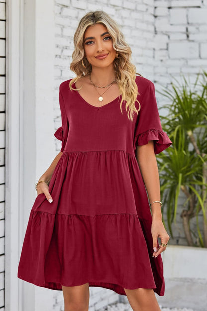 She Wears Glory™ Mandy V-Neck Flounce Sleeve Tiered Dress - She Wears Glory Beverly Hills