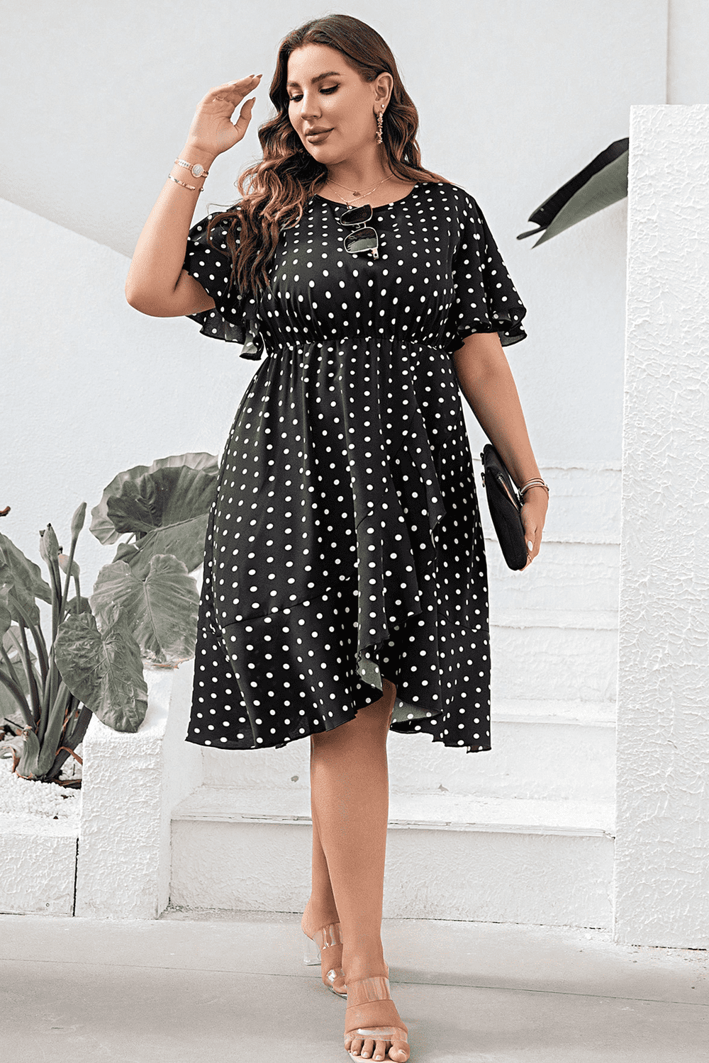 She Wears Glory™ “Grace in Motion” Polka Dot Flutter Sleeve Dress - She Wears Glory Beverly Hills