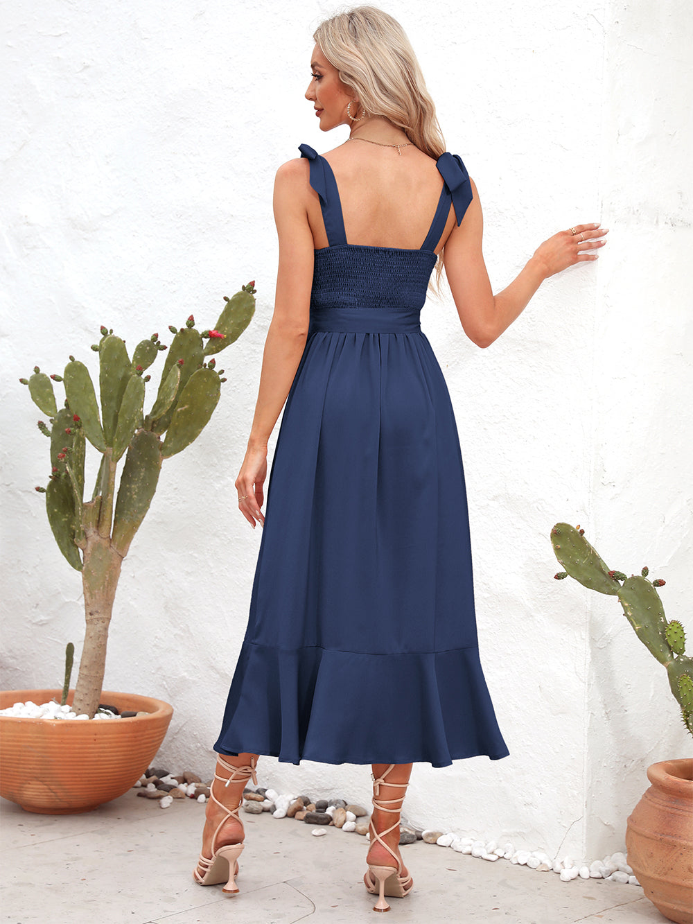 She Wears Glory “Leah” Tie Strap Peplum Midi Dress - She Wears Glory Beverly Hills