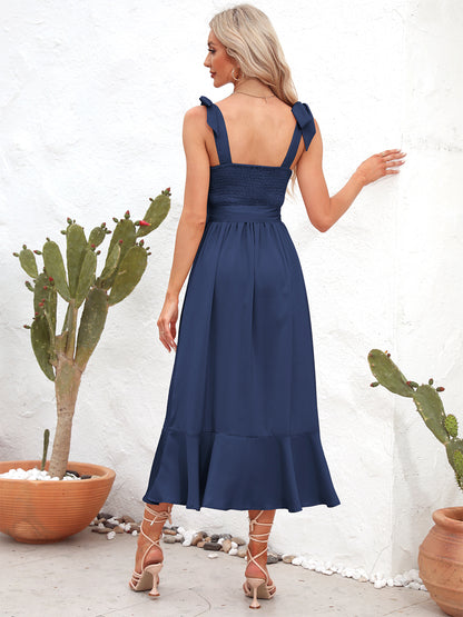 She Wears Glory “Leah” Tie Strap Peplum Midi Dress - She Wears Glory Beverly Hills