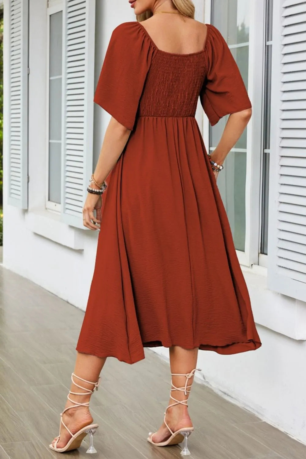 Smocked Tie Front Flutter Sleeve Midi Dress - She Wears Glory Beverly Hills