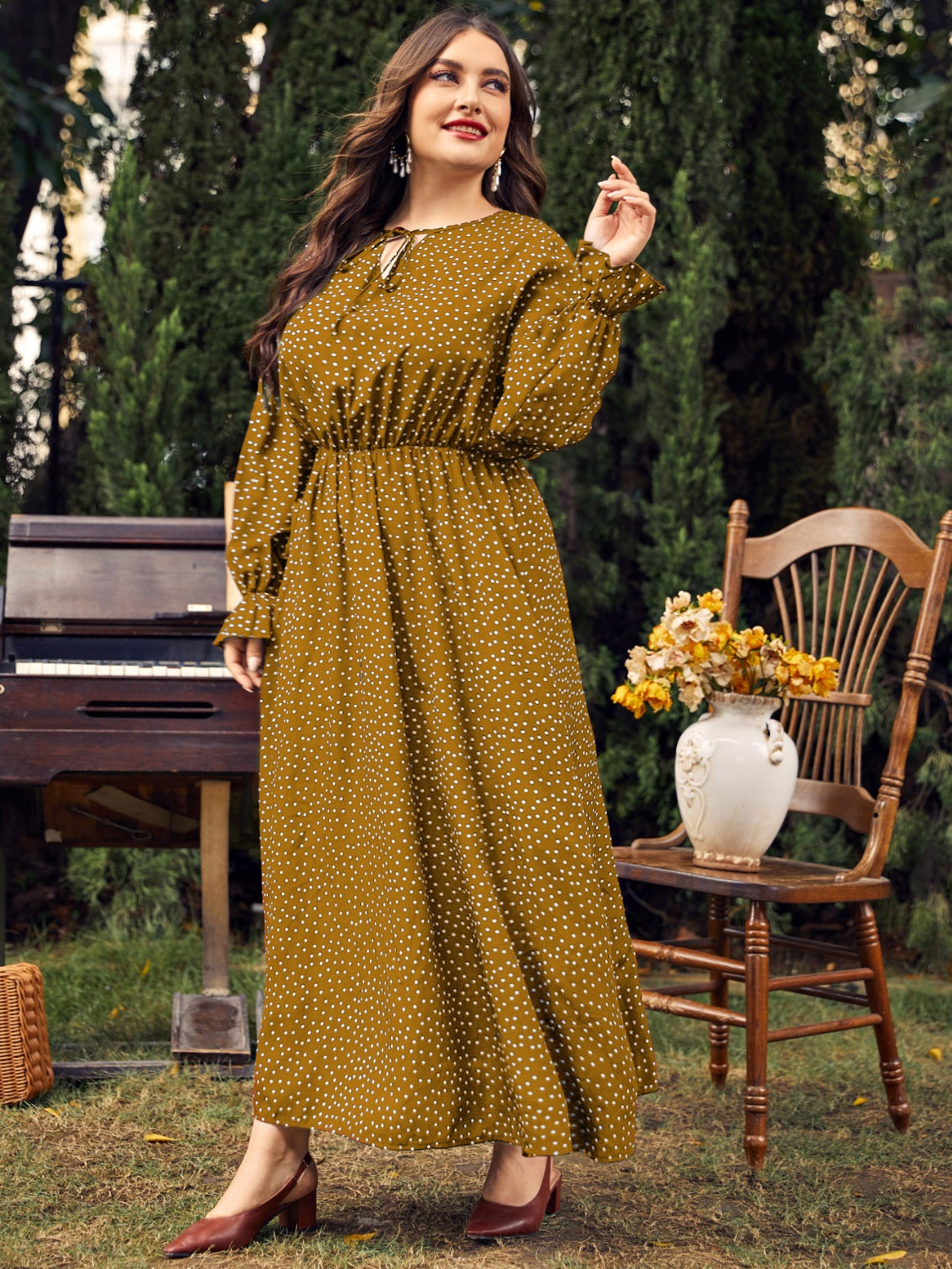 She Wears Glory™ “Heaven’s Embrace” Plus Size Ruffled Polka Dot Midi Dress - She Wears Glory Beverly Hills
