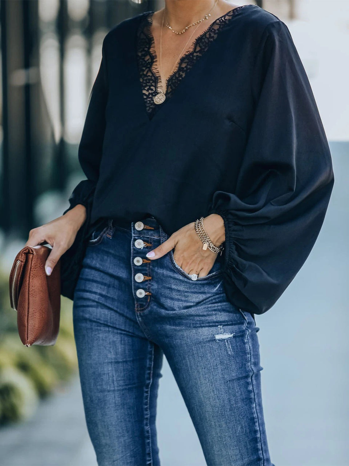 She Wears Glory™ — Adorned in Grace Lace V-Neck Long Sleeve Blouse - She Wears Glory Beverly Hills