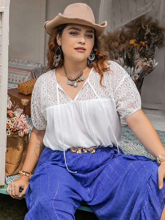 She Wears Glory™ “Whispers of Grace” Tie Neck Short Sleeve Blouse - She Wears Glory Beverly Hills