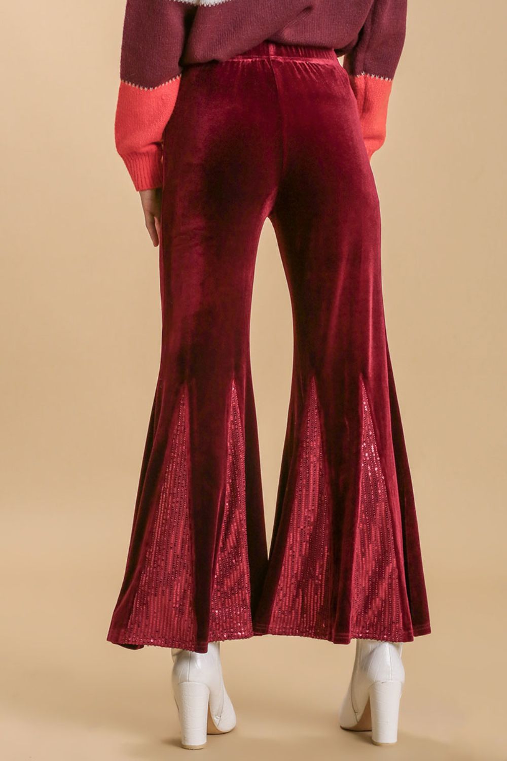She Wears Glory™ “Heaven’s Echo” Sequin Velvet Stretch Flare Leg Pants - She Wears Glory Beverly Hills