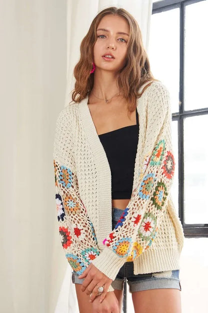 She Wears Glory™ Contrast Crochet Open Front Long Sleeve Cardigan - She Wears Glory Beverly Hills