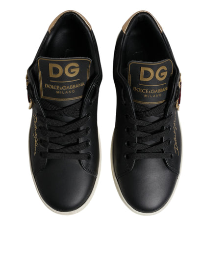 Dolce & Gabbana Black Leather Gold Red Heart Sneakers Shoes