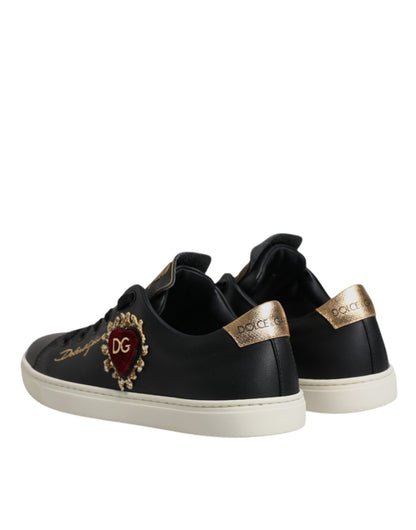 Dolce & Gabbana Black Leather Gold Red Heart Sneakers Shoes