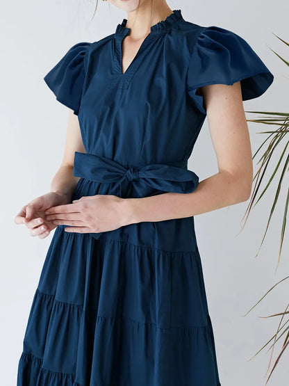 She Wears Glory™ Ruched Tiered Notched Short Sleeve Dress - She Wears Glory Beverly Hills