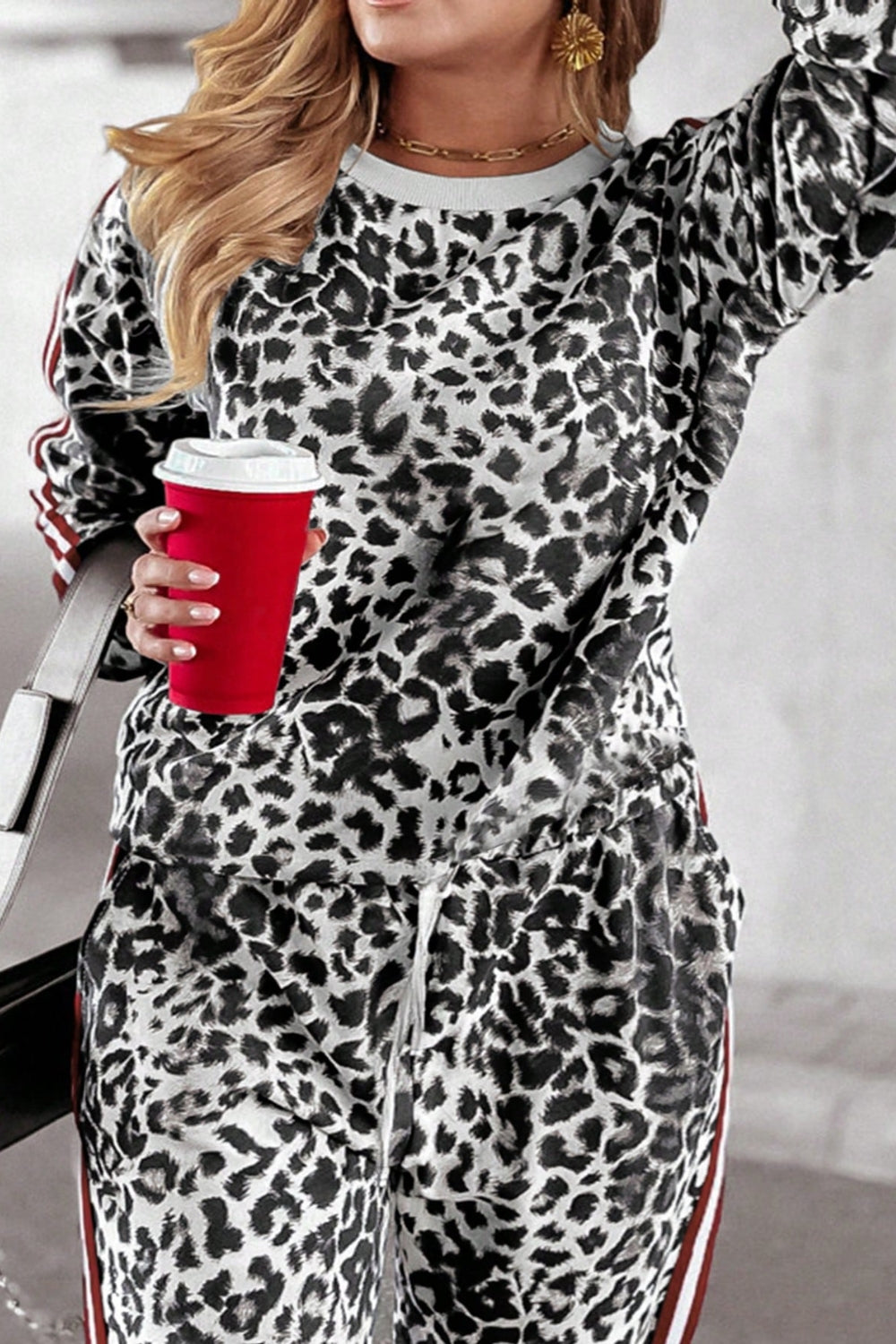 She Wears Glory™ “Fearless Radiance” Plus Size Leopard Round Neck Top and Pants Set - She Wears Glory Beverly Hills