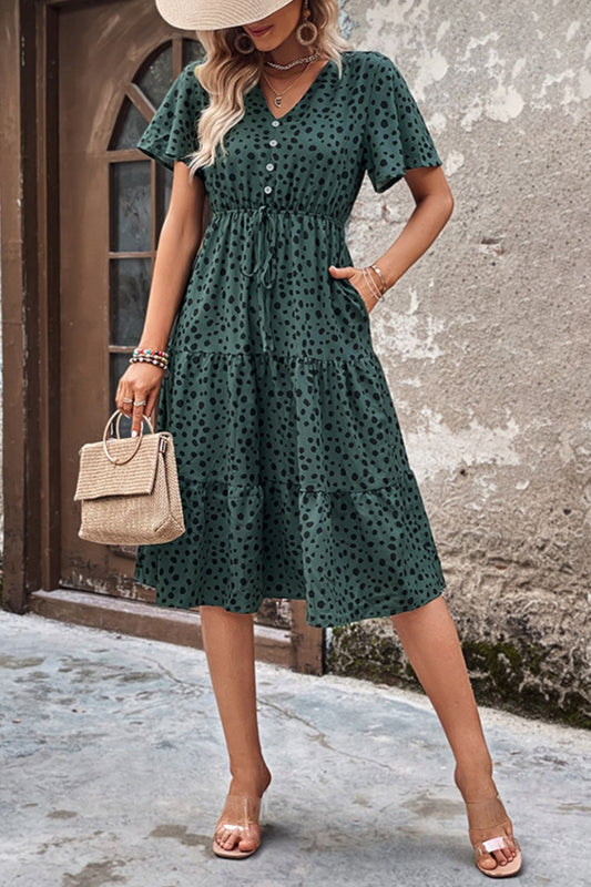 Perfee Printed Buttoned V-Neck Flutter Sleeve Dress - She Wears Glory Beverly Hills