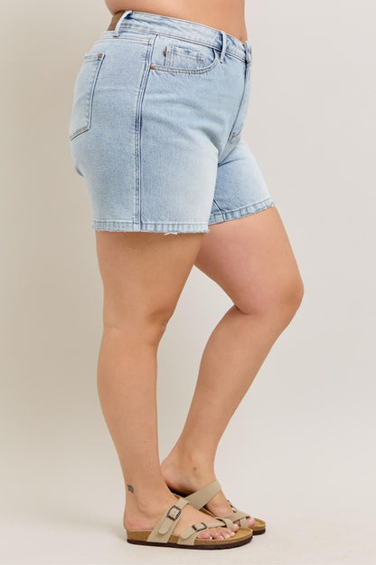 She Wears Glory™ “Summer Haven” Frayed Hem High Rise Denim Shorts with Pockets – Plus Size - She Wears Glory Beverly Hills
