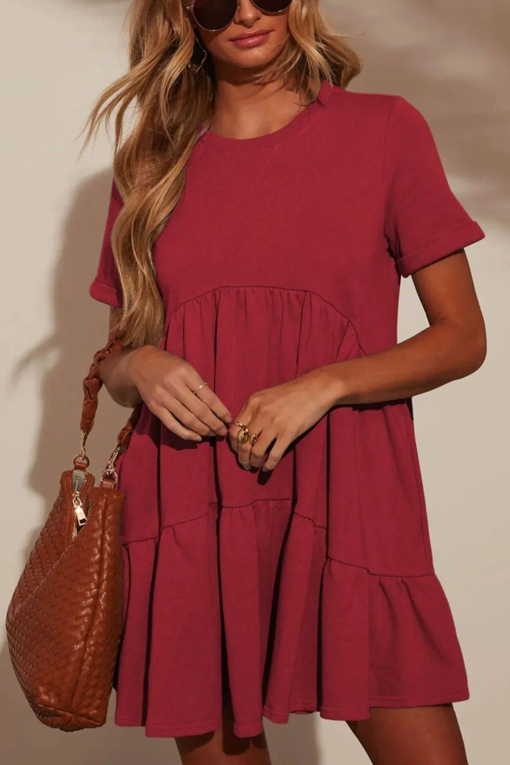 She Wears Glory™ Tiered Round Neck Short Sleeve Mini Dress - She Wears Glory Beverly Hills