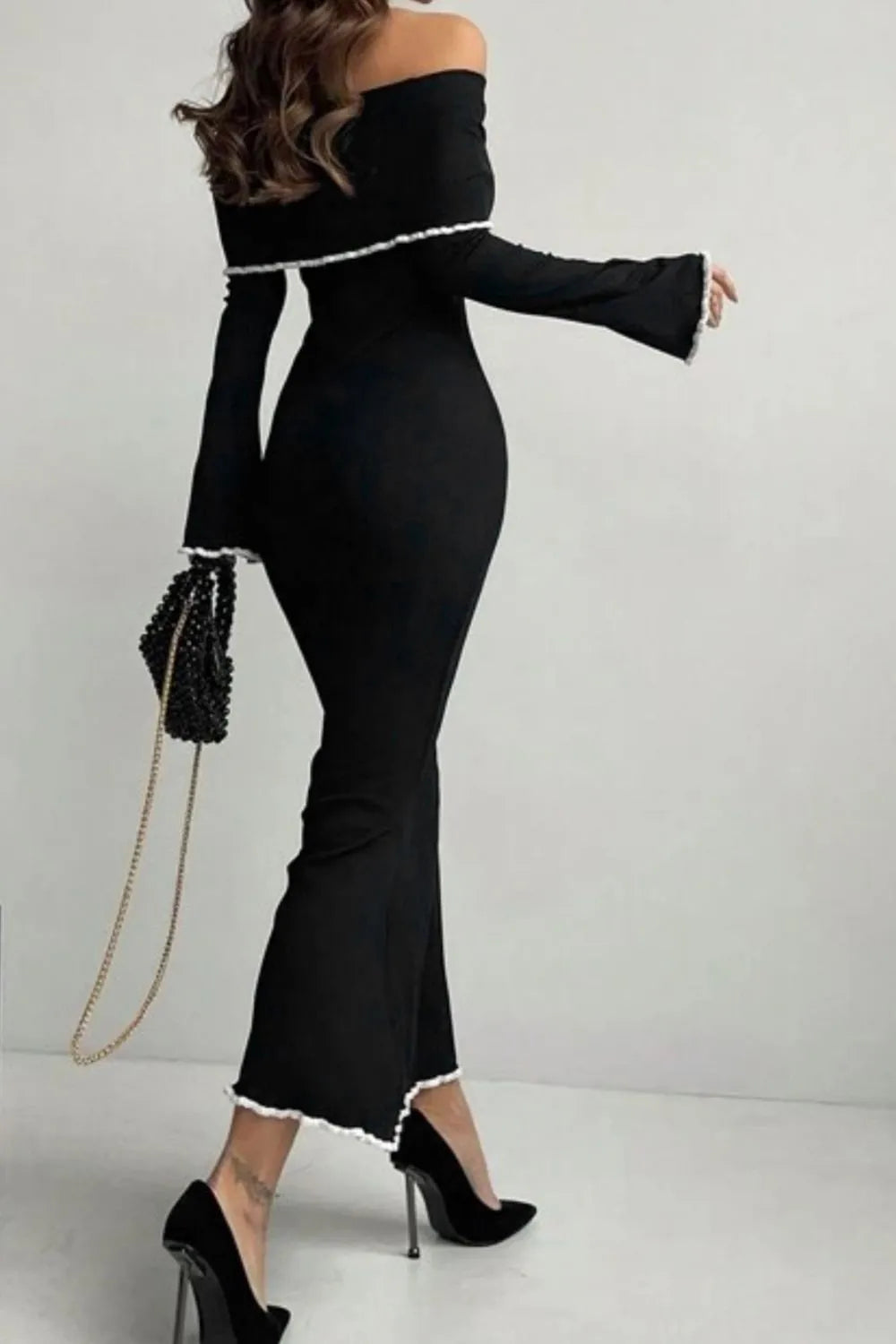 She Wears Glory™ Contrast Trim Off-Shoulder Long Sleeve Maxi Sweater Dress - She Wears Glory Beverly Hills