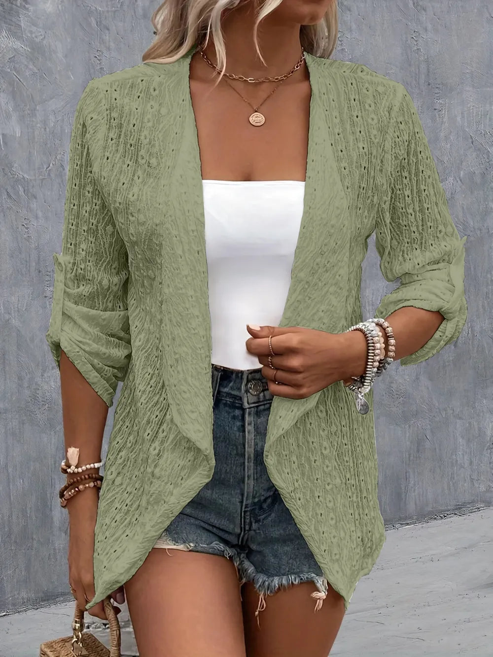 She Wears Glory™ Eyelet Roll-Tab Sleeve Cardigan - She Wears Glory Beverly Hills