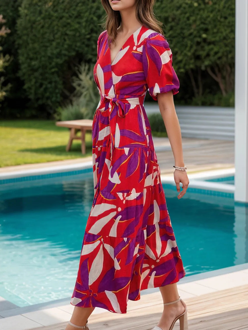 She Wears Glory “Miriam” Tied Slit Printed Midi Dress - She Wears Glory Beverly Hills