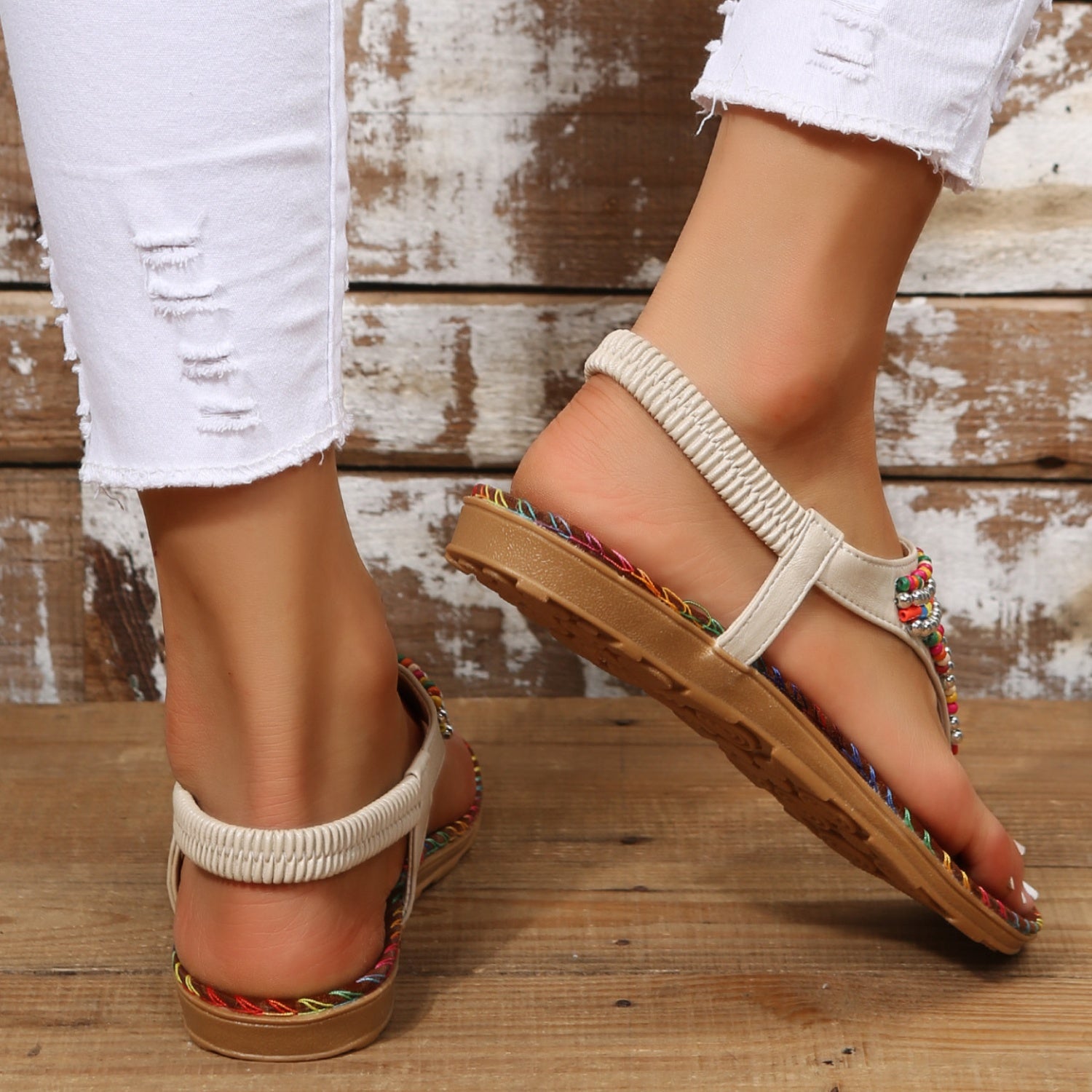 She Wears Glory™ — Graceful Steps Beaded PU Leather Open Toe Sandals - She Wears Glory Beverly Hills
