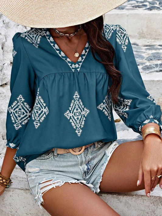 She Wears Glory™ – Printed V-Neck The Esther Blouse - She Wears Glory Beverly Hills