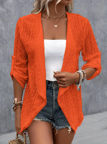 She Wears Glory™ Eyelet Roll-Tab Sleeve Cardigan - She Wears Glory Beverly Hills