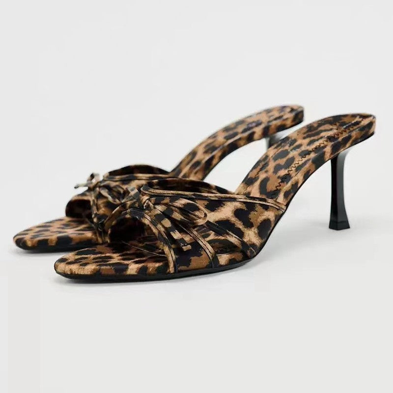 She Wears Glory™ — Royal Elegance Bow Leopard Kitten Heel Sandals - She Wears Glory Beverly Hills