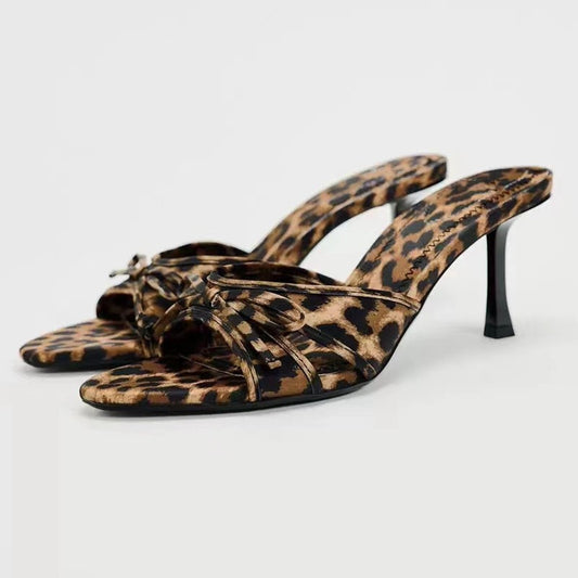 She Wears Glory™ — Royal Elegance Bow Leopard Kitten Heel Sandals - She Wears Glory Beverly Hills