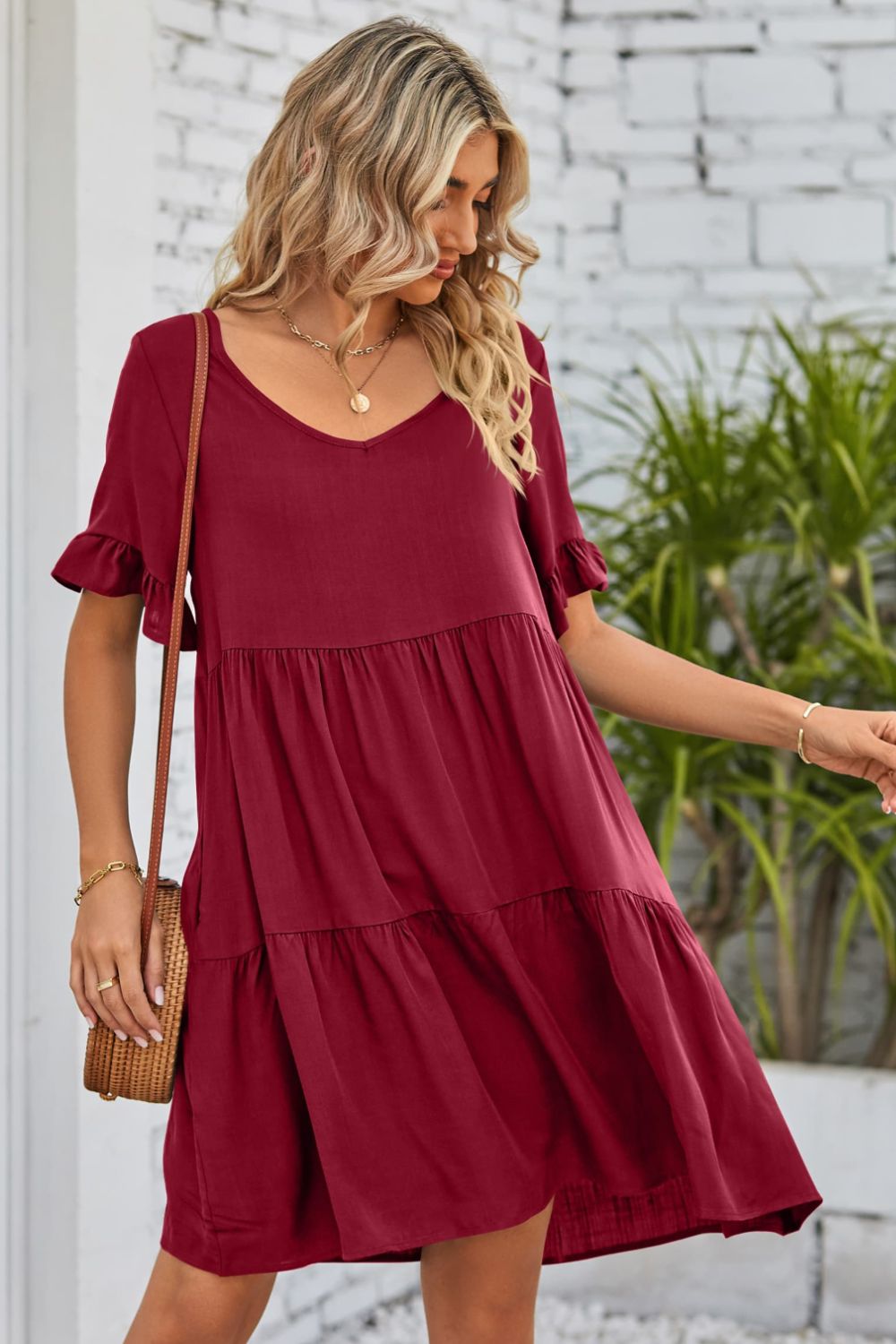 She Wears Glory™ Mandy V-Neck Flounce Sleeve Tiered Dress - She Wears Glory Beverly Hills