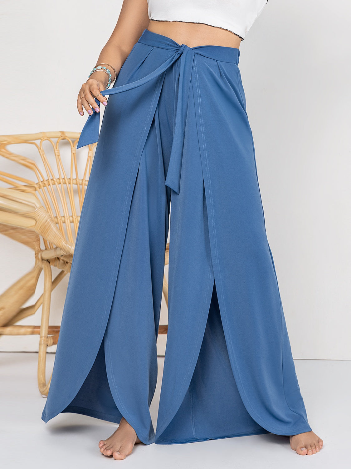 She Wears Glory™ “Graceful Journey” Tied Slit Wide Leg Pants - She Wears Glory Beverly Hills