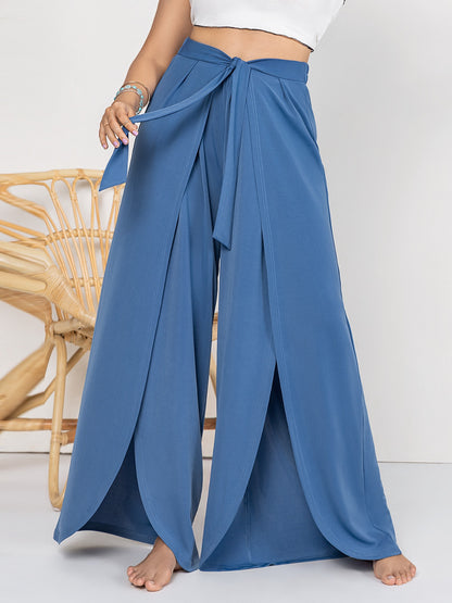 She Wears Glory™ “Graceful Journey” Tied Slit Wide Leg Pants - She Wears Glory Beverly Hills