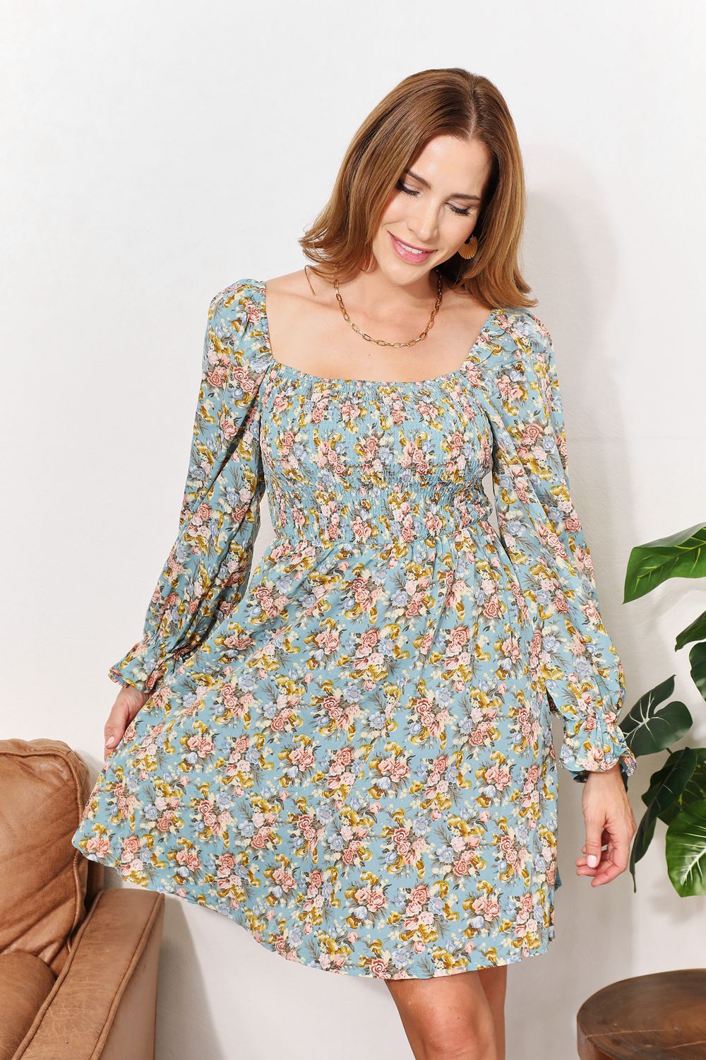She Wears Glory™ “Eden Bloom” Honey Floral Smocked Flounce Sleeve Square Neck Dress - She Wears Glory Beverly Hills
