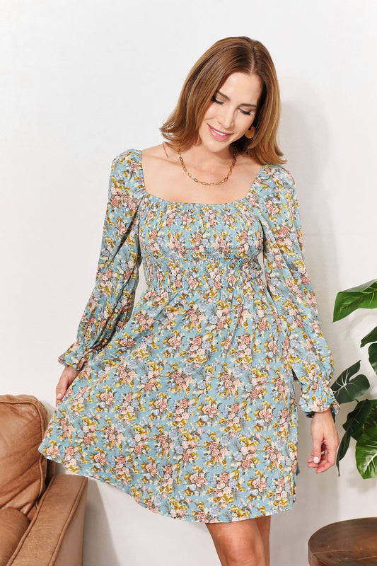 She Wears Glory™ “Eden Bloom” Honey Floral Smocked Flounce Sleeve Square Neck Dress - She Wears Glory Beverly Hills