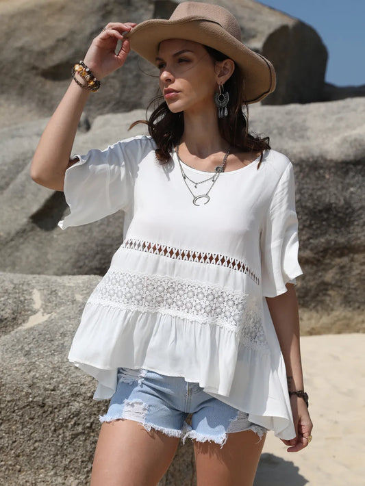 She Wears Glory™ — Sanctified in Softness Lace Detail Blouse - She Wears Glory Beverly Hills