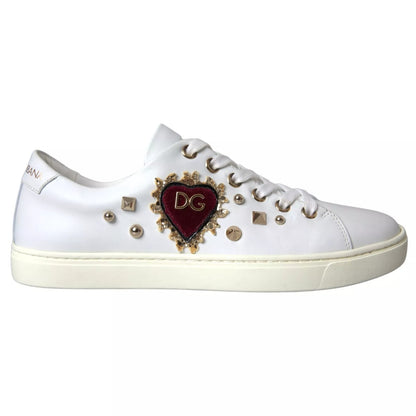 Dolce & Gabbana White Leather Gold Red Heart Sneakers Shoes