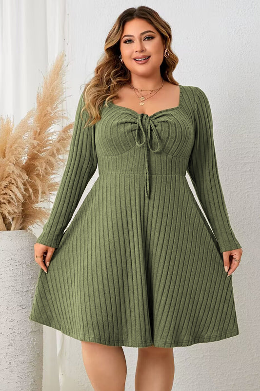 She Wears Glory™ “Honeyed Honor” Plus Size Sweetheart Neck Long Sleeve Ribbed Dress - She Wears Glory Beverly Hills