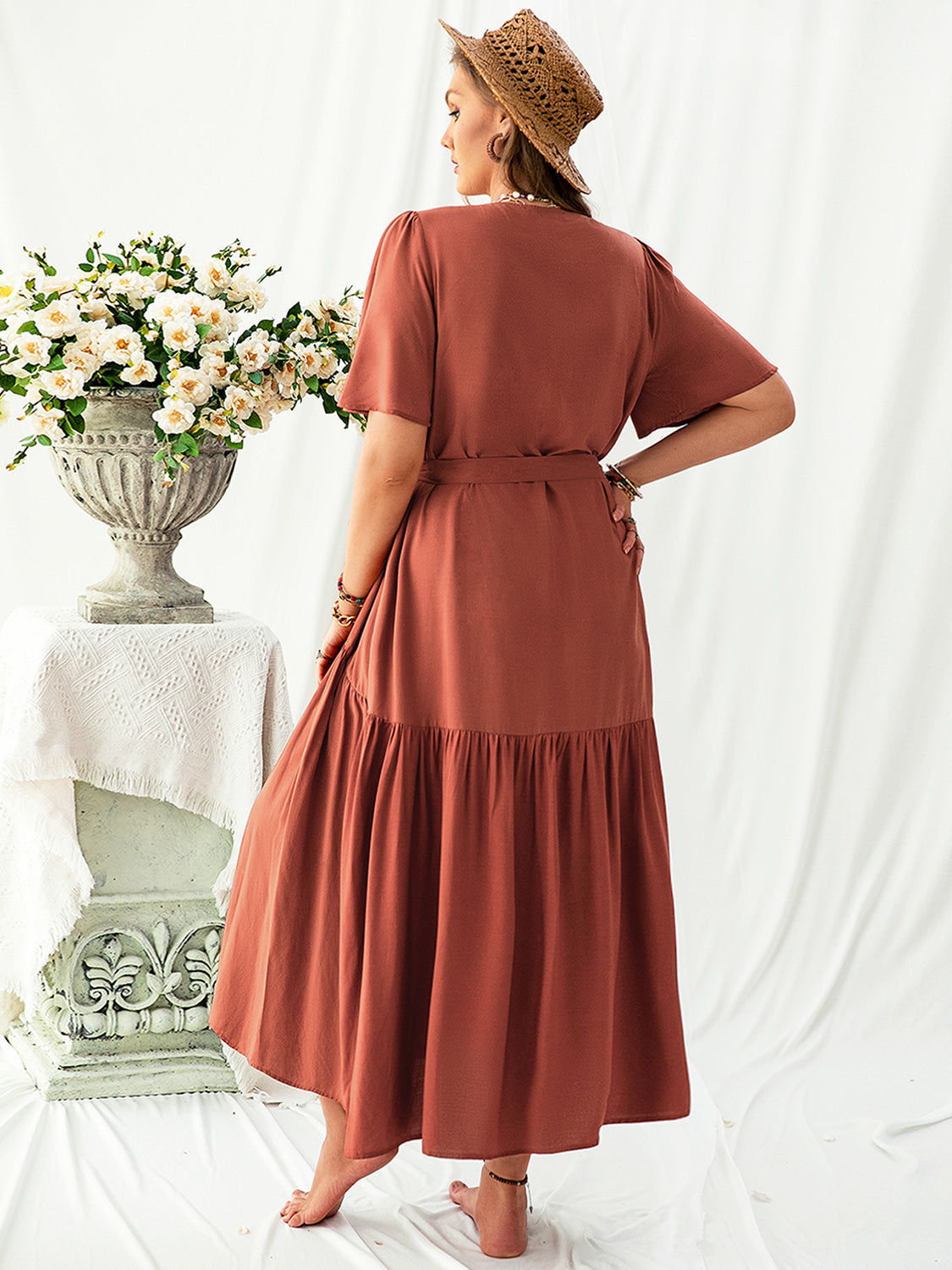 She Wears Glory™ “Grace in Bloom” Plus Size V-Neck Flutter Sleeve Midi Dress - She Wears Glory Beverly Hills