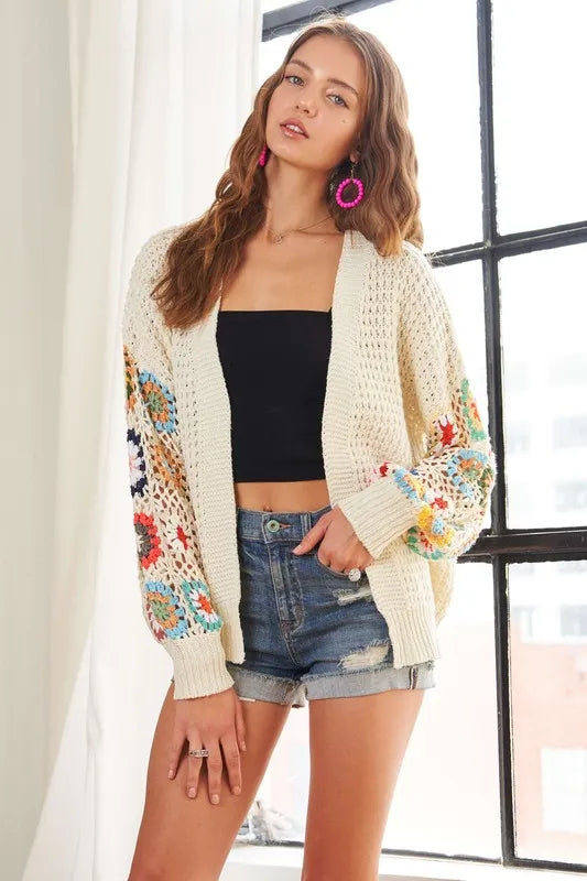 She Wears Glory™ Contrast Crochet Open Front Long Sleeve Cardigan - She Wears Glory Beverly Hills