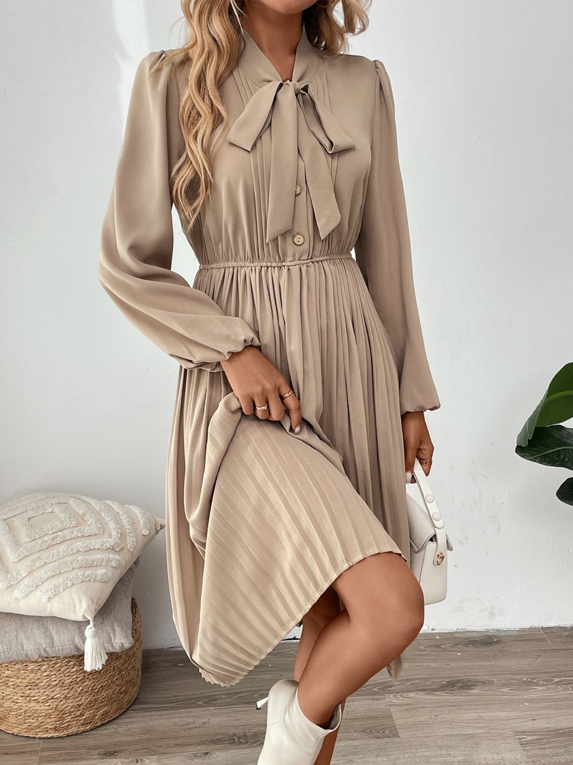 She Wears Glory™ – The Adorned Mantle Dress (Pleated Tie-Neck Long Sleeve Dress) - She Wears Glory Beverly Hills
