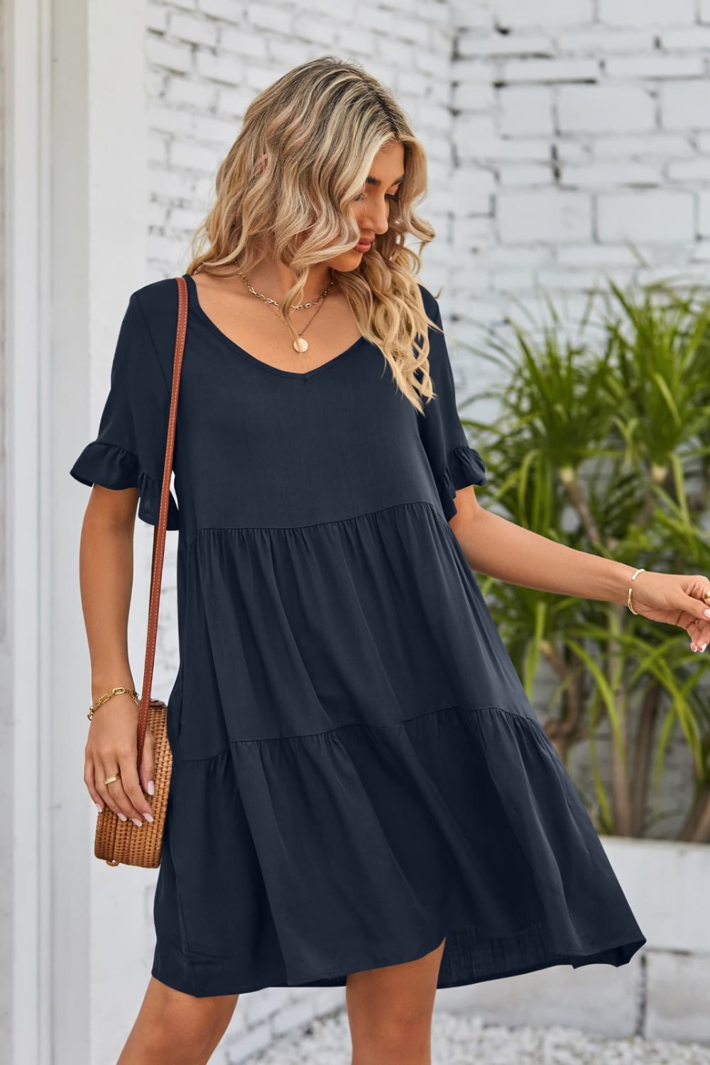 She Wears Glory™ Mandy V-Neck Flounce Sleeve Tiered Dress - She Wears Glory Beverly Hills
