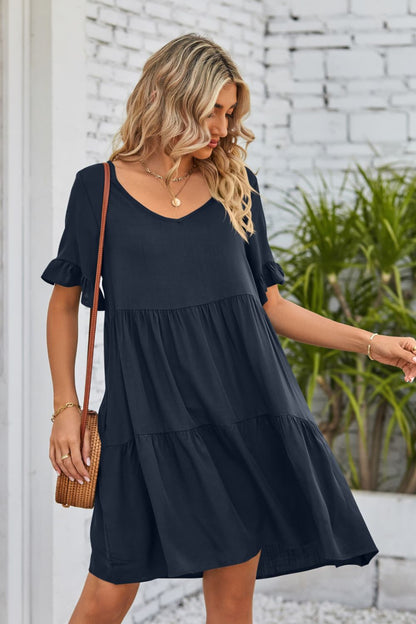 She Wears Glory™ Mandy V-Neck Flounce Sleeve Tiered Dress - She Wears Glory Beverly Hills