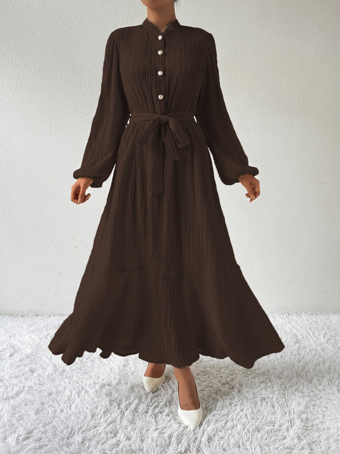 She Wears Glory™ “Honeyed Honor” Tie Waist Long Sleeve Dress - She Wears Glory Beverly Hills