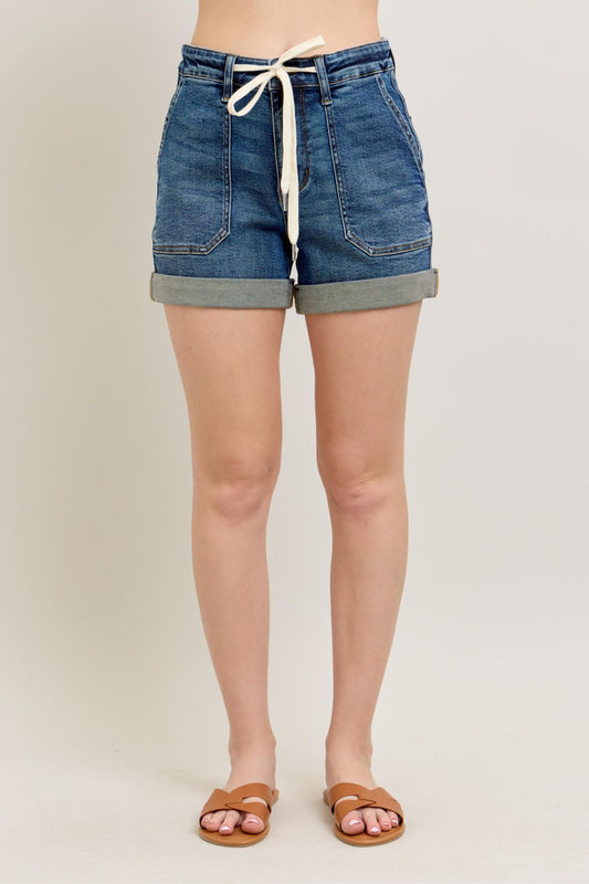 She Wears Glory™ High Rise Cuffed Denim Shorts – Modesty with a Divine Edge - She Wears Glory Beverly Hills