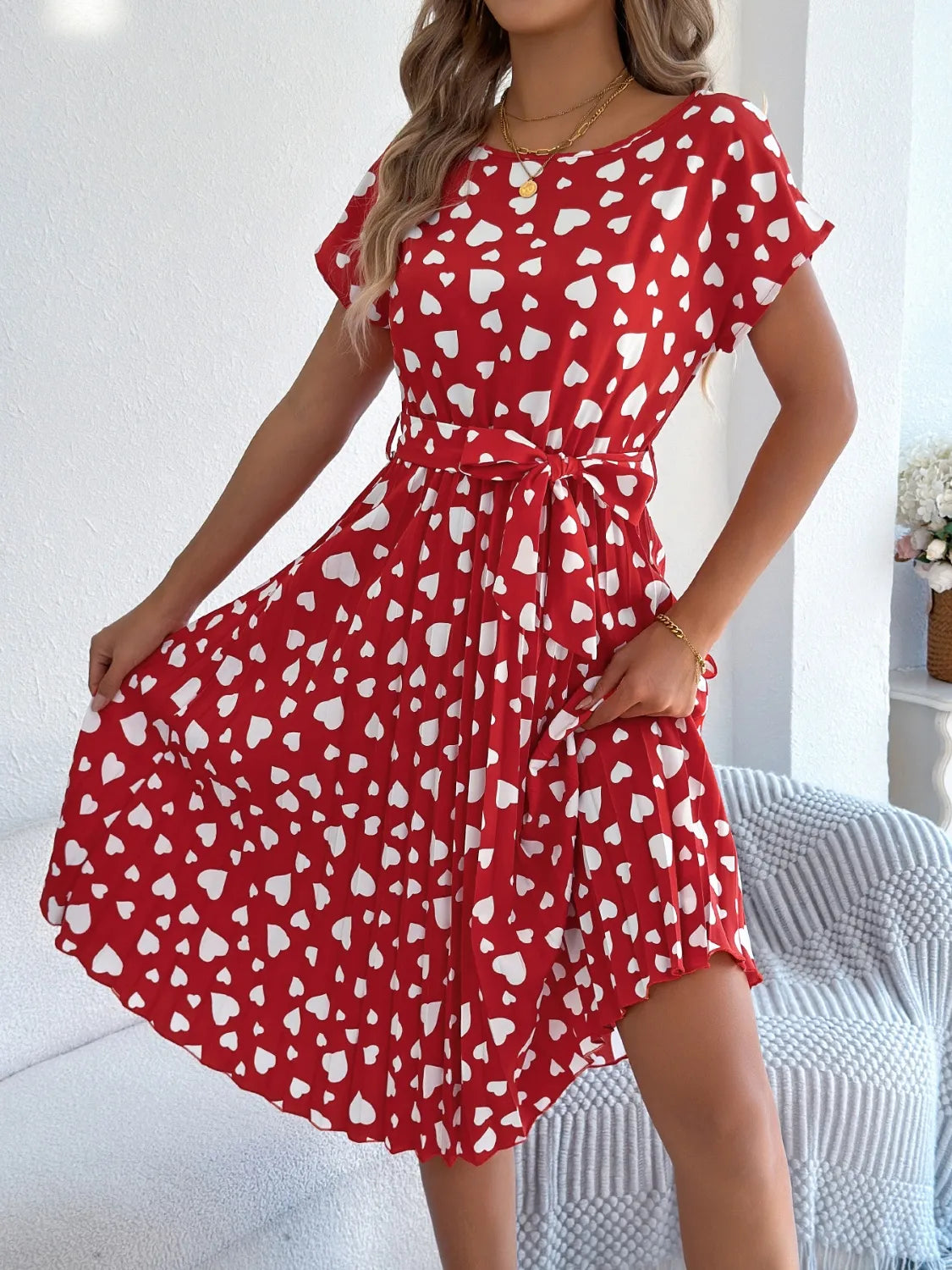 She Wears Glory™ “Hearts Set Apart” Tie-Waist Pleated Dress - She Wears Glory Beverly Hills