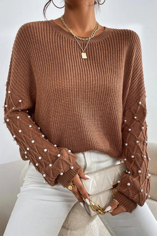 She Wears Glory™ Pearl Detail Round Neck Long Sleeve Sweater - She Wears Glory Beverly Hills