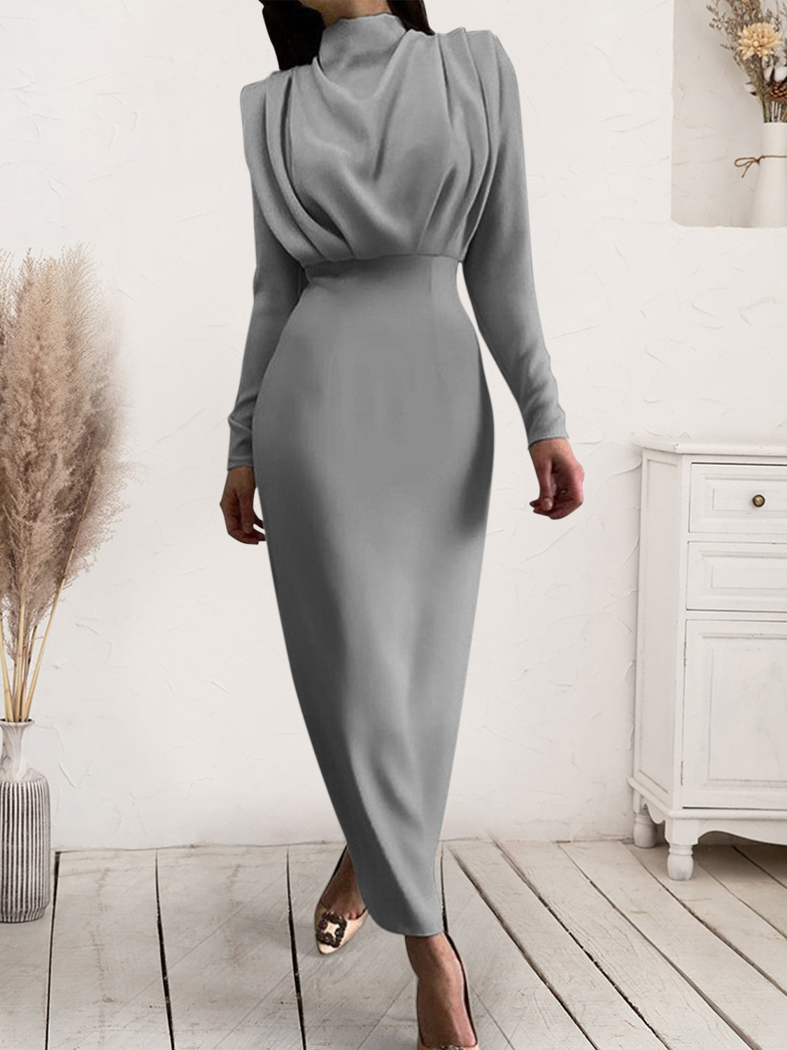 She Wears Glory™ “Majestic Dignity” Ruched Turtleneck Long Sleeve Dress - She Wears Glory Beverly Hills