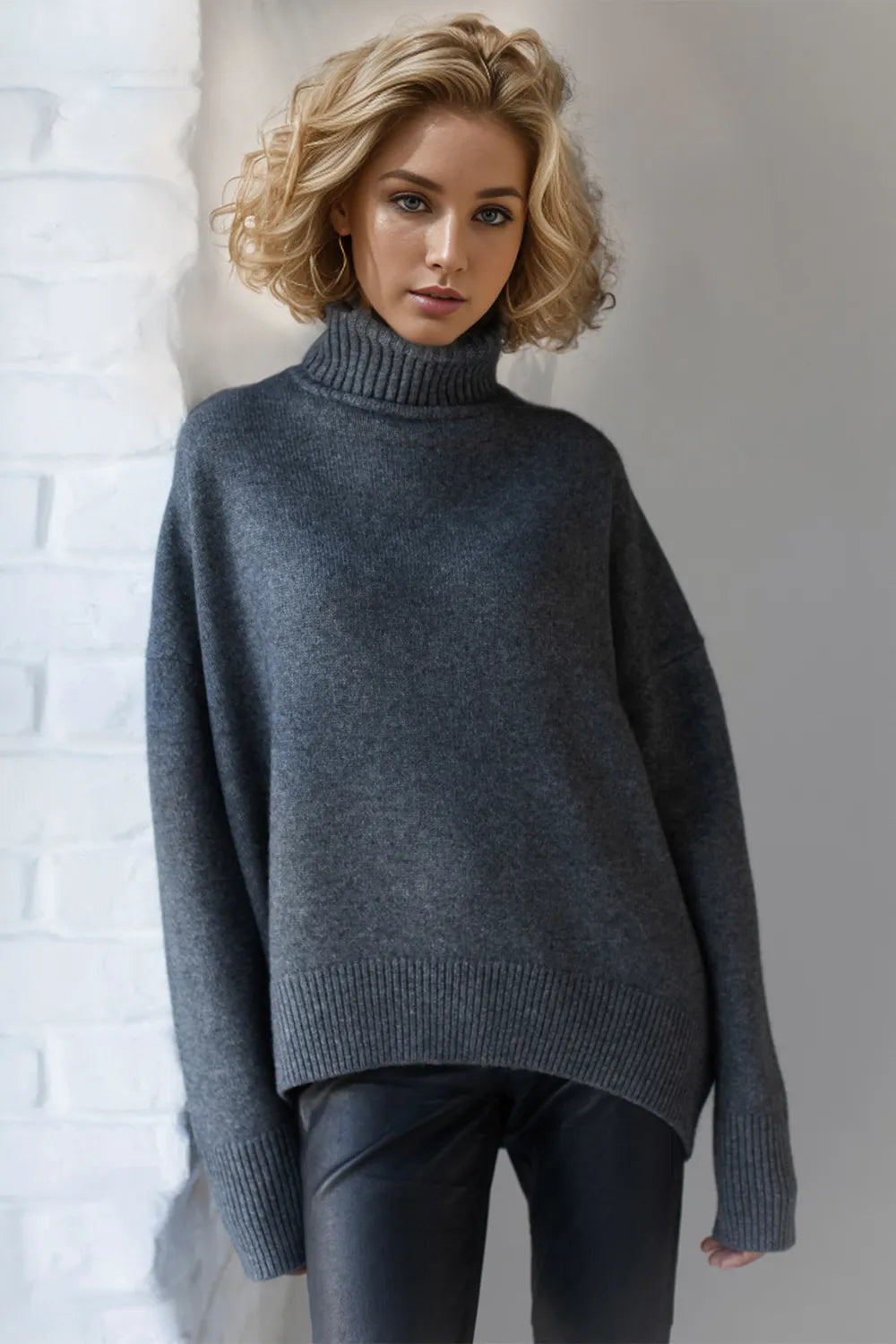 She Wears Glory™ Turtleneck Dropped Shoulder Long Sleeve Sweater - She Wears Glory Beverly Hills