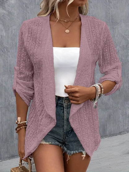 She Wears Glory™ Eyelet Roll-Tab Sleeve Cardigan - She Wears Glory Beverly Hills